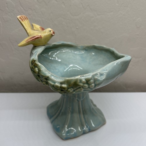 Vintage McCoy Blue Birdbath Planter Vase With Yellow Bird And Floral Detail MCM - Picture 2 of 12