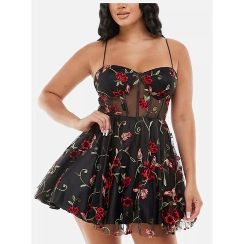 B. Darlin Talla 0 NUEVO Mini Vestido Para Mujer Negro Malla Deshuesado Forrado Floral - Imagen 1 de 11