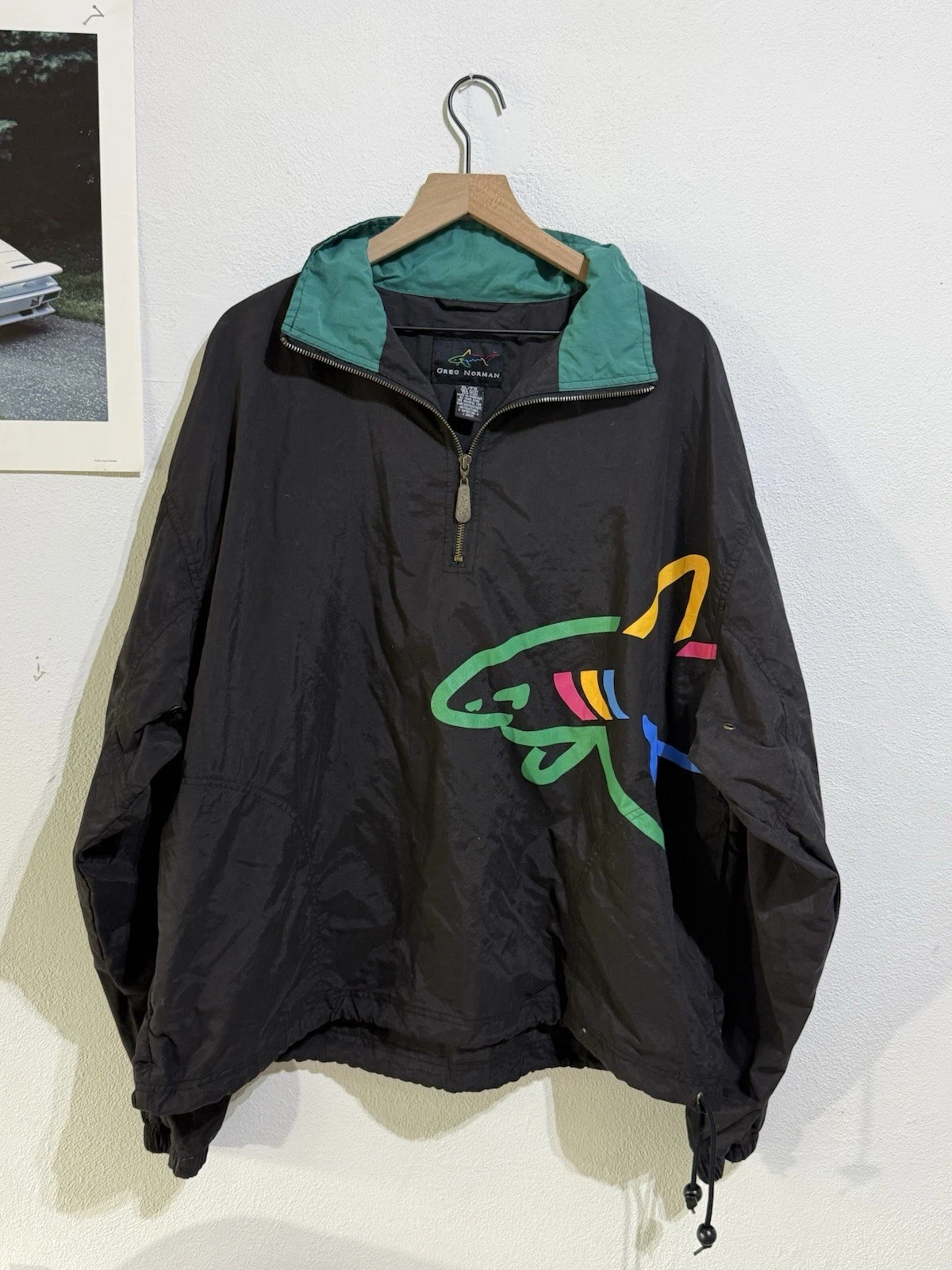 VINTAGE Greg Norman Black Windbreaker Big Shark Logo Jacket Men's SIZE XL