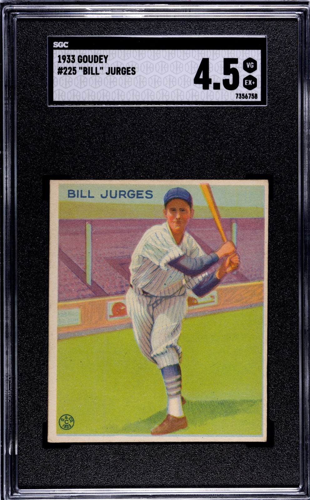 1933 Goudey #225 Bill Jurges Chicago Cubs - SGC 4.5 VG-EX+ Nice Card!