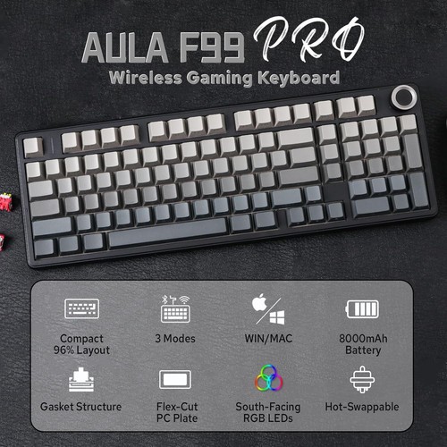 Aula F99 PRO 96% Mechanical Gaming Keyboard, BT5.0/USB-C/2.4GHz Grey - Picture 2 of 7