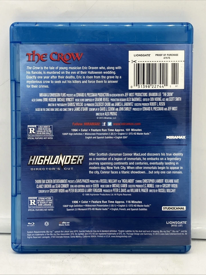 The Crow [1994] & Highlander: Director's Cut  Blu-ray 2 Discs - FREE SHIPPING - Image 2 of 3