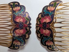 VTG Cloisonne Butterfly Enamel Hair Combs Pink Green Blue Floral PAIR