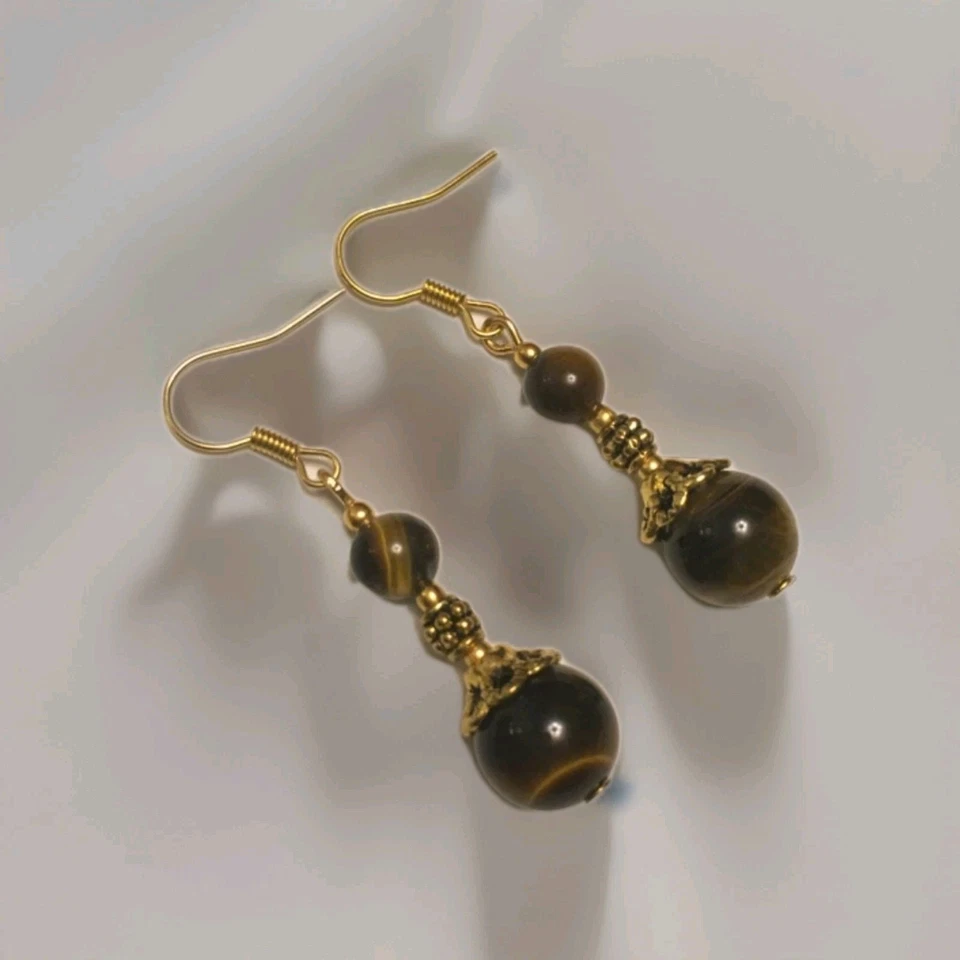 TIGERS EYE Gemstone Earrings In Gold Plate.drop Dangle - Image 4 of 4