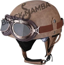 Vintage Leather Motorcycle Retro Half Helmet Scooter Bike Cruiser with Goggles