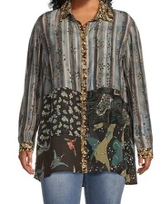 John Mark Mix Print Patched Roll-Tab Sleeve Button Front Tunic Plus 1X