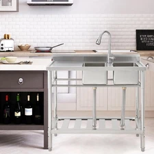 Freestanding Double Bowl Sink Stainless Steel Utility Sink w/Faucet 39*18*40inch