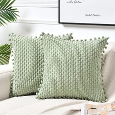 Fancy Homi Set 2 Sage Green Decorative Throw Pillow Covers 20x20 Inch Pom-poms