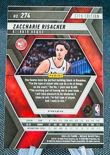2024-25 Panini Mosaic City Edition Green Mosaic Prizm Zaccharie Risacher Rc #274 - Picture 2 of 2