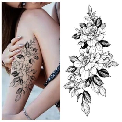 Black Flowers Peony Leaf Temporary Tattoos Rose Camellia Floral Design Leg Arm