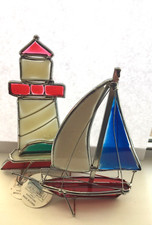 NEW Lot 2 Sailboat Lighthouse Stained Glass Standing SUN CATCHERS Nautical