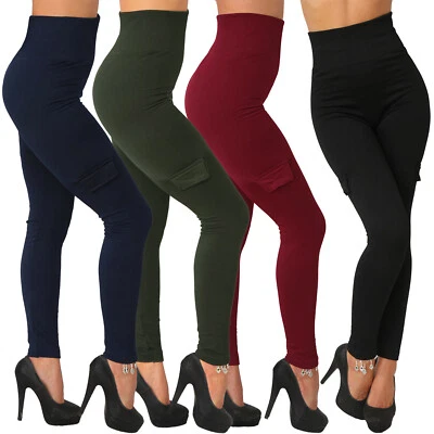 Leggings Hose Thermo Zier Cargo Tasche Stretch Taschen Röhre Knopf 34 36 38 40 - Bild 1 von 4