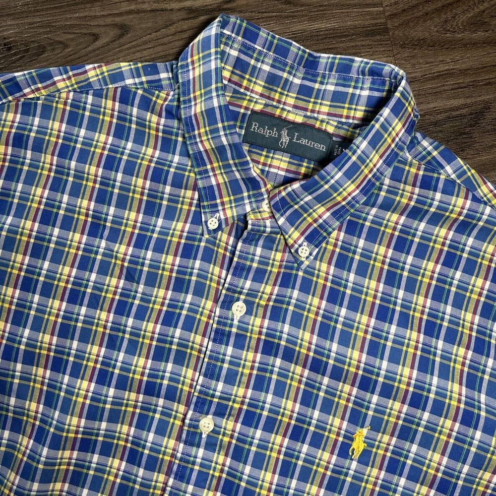 Camicia Ralph Lauren manica lunga con bottoni blu a quadri uomo taglia XL giallo pony