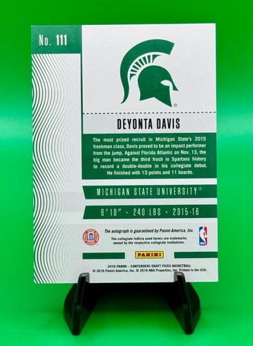 2016-17 Panini Contenders DEYONTA DAVIS #111 Draft Ticket ROOKIE RC AUTO /23 - Picture 2 of 2