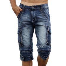 Men's Cargo Denim Shorts Multi Pockets Military Jeans Shorts Male Washed Pants