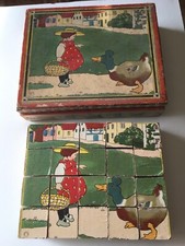 Rare Antique German Wood Block Puzzle w/6 images, children, in color, 20 blocks