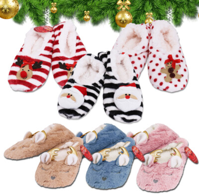 Women's 3 Pack Sherpa Lined Soft Reindeer Slippers Socks Shoes