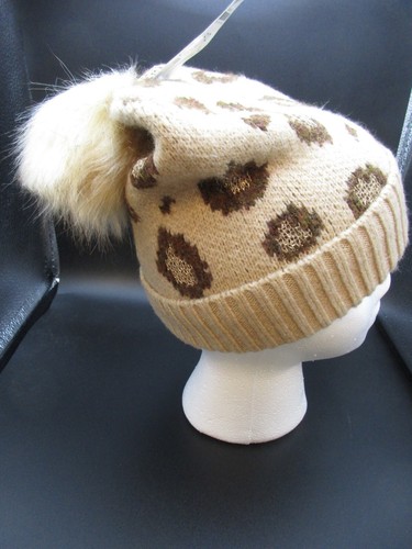 Inc International Concepts Beanie Hat Pompom Leopard Brown Tan Gold Metallic NWT - Picture 3 of 3