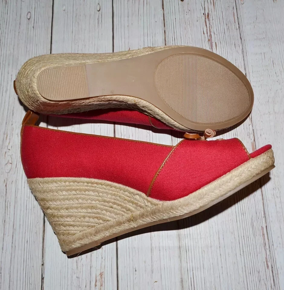 NEW G.H. Bass ~Annie~ $114 Red Canvas Peep Toe Espadrille Wedge Shoes Sz. 9.5 M - Imagem 3 de 3