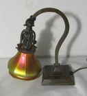 Antique HANDEL Bronze Piano Lamp w/ Signed Steuben Art Glass Shade, circa 1915