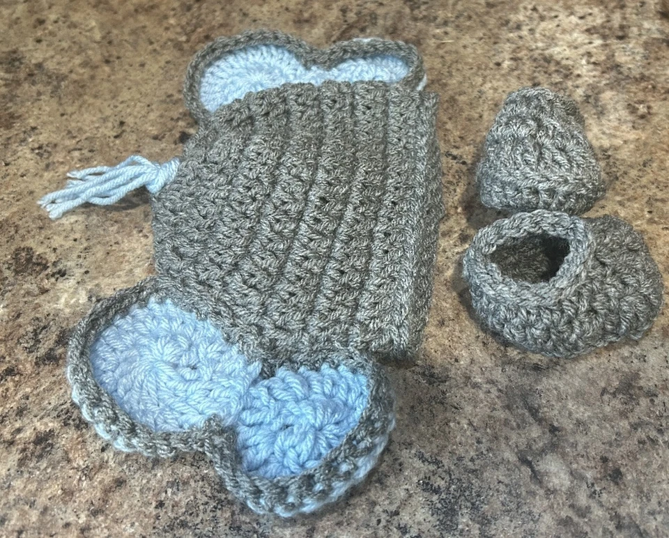 Hecho a mano ganchillo recién nacido - 3 meses bebé elefante sombrero botines conjunto foto utilería disfraz Foto 3 de 4