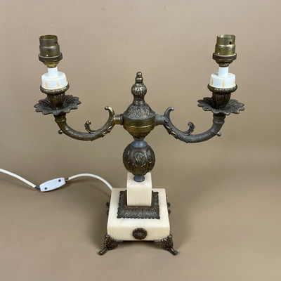 Antike Onyx Marmor Lampe Leuchte Tisch Vintage 2 armig Messing Gold Metall Kandelaber