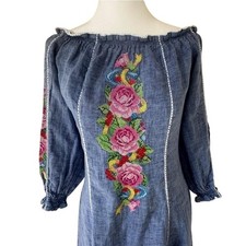 Unbranded Mini Dress Womens S Blue Floral Embroidered Off Shoulder Boho Peasant