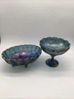 Lot Of 2 Vintage Indiana Blue Iridescent Carnival Glass Pedestal Dish And Bowl