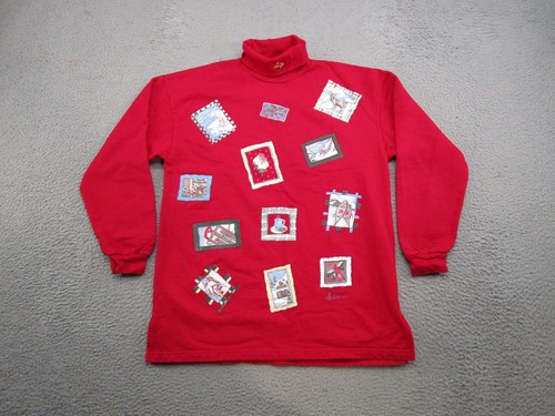 Vintage 90s Northern Reflections Postage Stamps Turtleneck Sweatshirt Size S Red