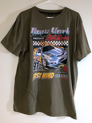 Men's Romwe XL New York Left Road  91 Win Fast Mind Brown Race Car SS T-Shirt