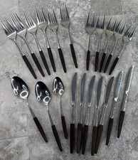 Vtg Interpur INR2 Stainless Flatware w Brown Handle 21 Pc Japan MCM Fork Spoon