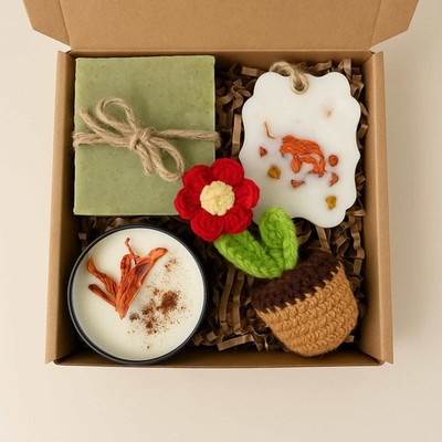   Eco Friendly Self Care Box   Handmade Soap, Candle, Botanical Sachet & Croche