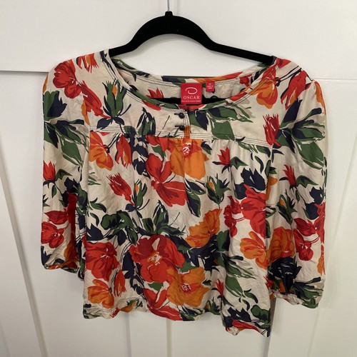 Damen Oscar de La Renta geblümte Bluse - Größe 10 - 100% Seide - 3/4 Ballonärmel