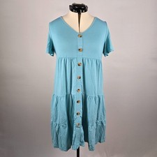 Kojooin Dress Women's Large Blue Ruffle Tiered Short Sleeve Button Detail VNeck