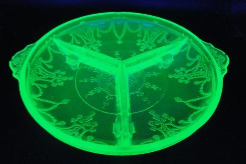 Vintage Hocking Glass Co. 3 Part Uranium Glass Footed,Divided Relish Tray-GLOWS