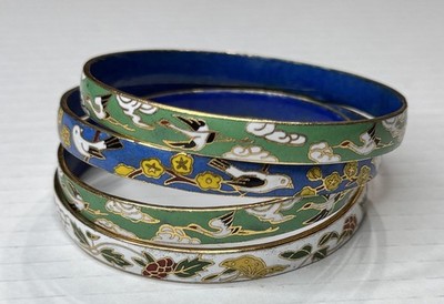 Vintage Cloisonne Enamel Floral Bangle Bracelet Blue Green Gold Tone Lot