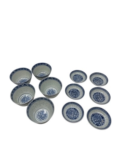 Vtg Chinese Blue & White Porcelain 5 Tea & 6 Dipping Bowls Rice Eye Grain Dragon