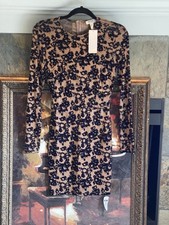 Privy Woman’s Long Sleeve Dress Sheer Bodycon Floral  Tan Blue Gold Zip Sz M NWT