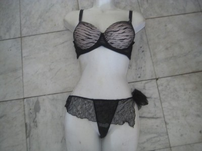New BLACK Tiger Bra 36 B & Thong panties with bow sexy FREE S&H