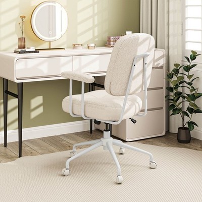Home Office Chair Chenille Upholstered Task Chair w/ Cushioned Back Beige