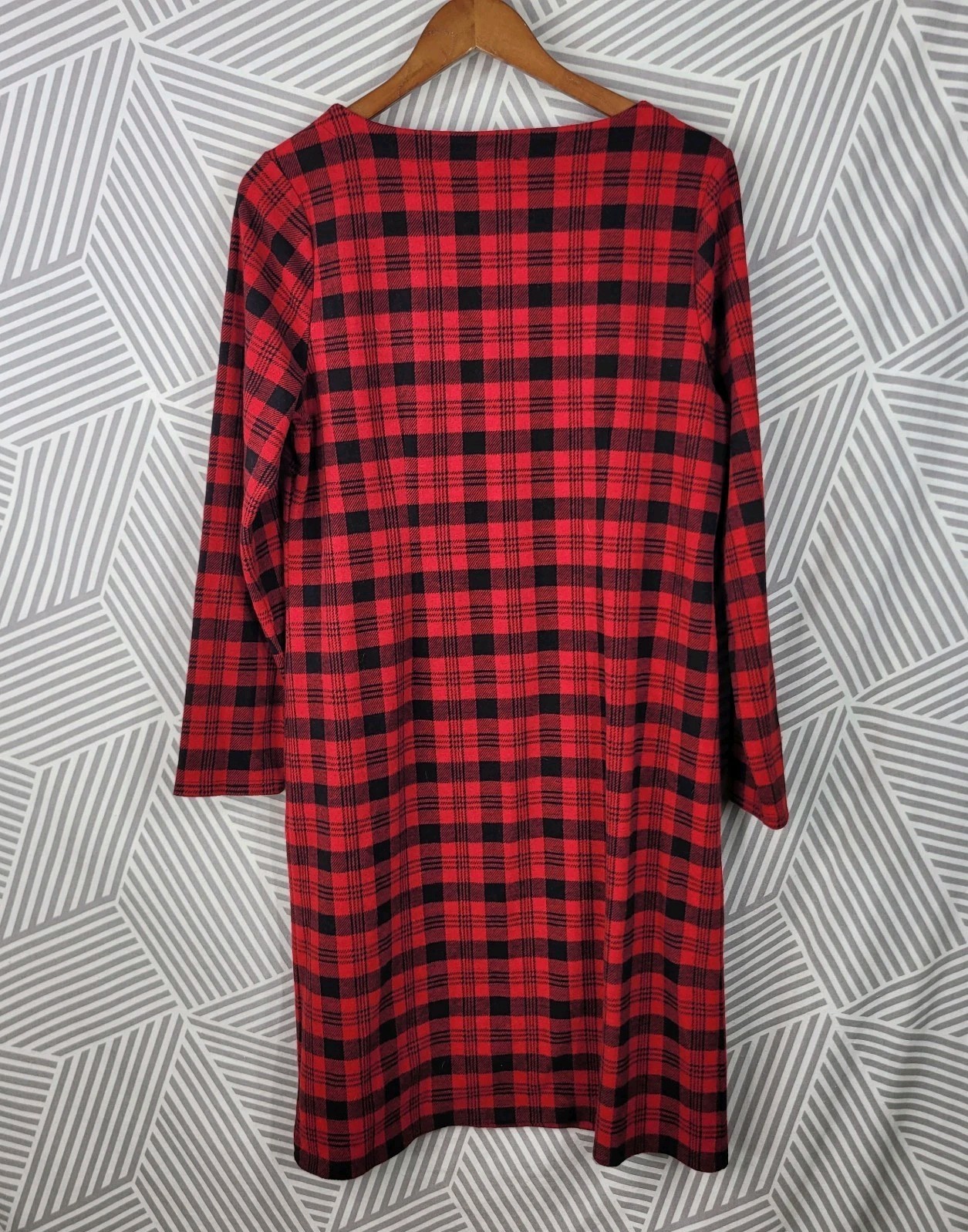 Talbots Shirt Dress size Large Plaid Check Red Black Midi Zip Shoulder Detail 