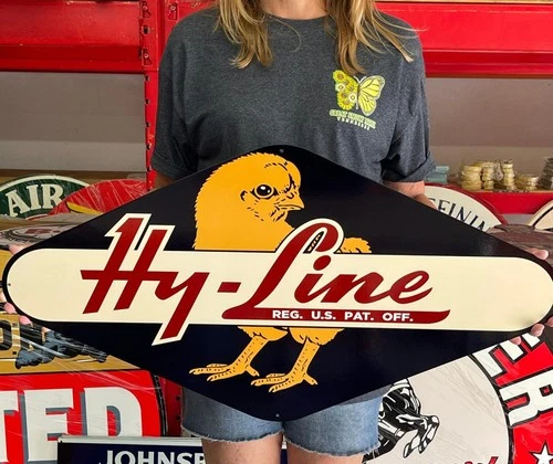 Antique Vintage Old Style Sign Hy Line Chicken Feed 35x18 NOT Porcelain Made USA