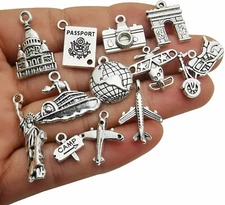 10 Travel Charms Antiqued Silver Traveling Pendants Assorted Lot Mix Vehicle