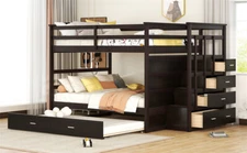 Full Over Full Wood Bunk Bed w/Twin Trundle,Storage Stairs & 4 Drawers-Espresso