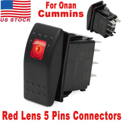 308-1038 RV Generator Start Stop Rocker Switch Red Lens For