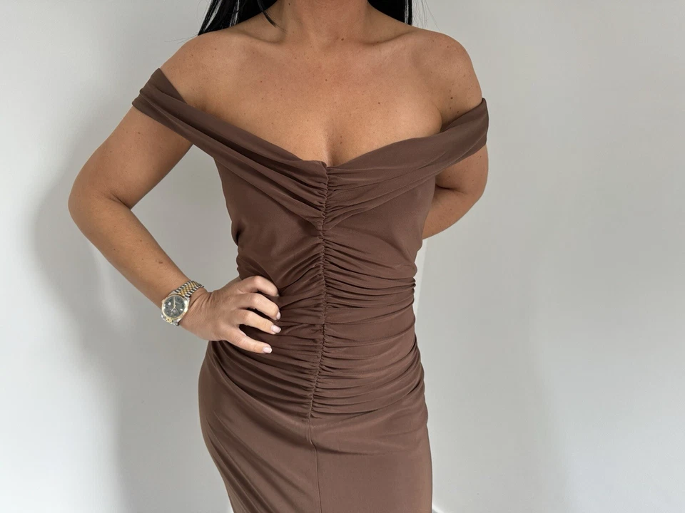 VESTIDO LIPSY TALLA 16 MARRÓN BARDOT FRUNCIDO JERSEY PESADO MAXI NUEVO CON ETIQUETAS Foto 2 de 4