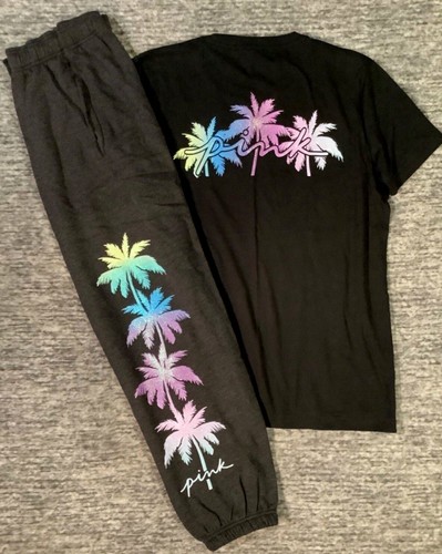 Victoria's Secret Pink Bling Tropical Palm Campus SS Tee Shirt + Pants Set L XL - Picture 5 of 11