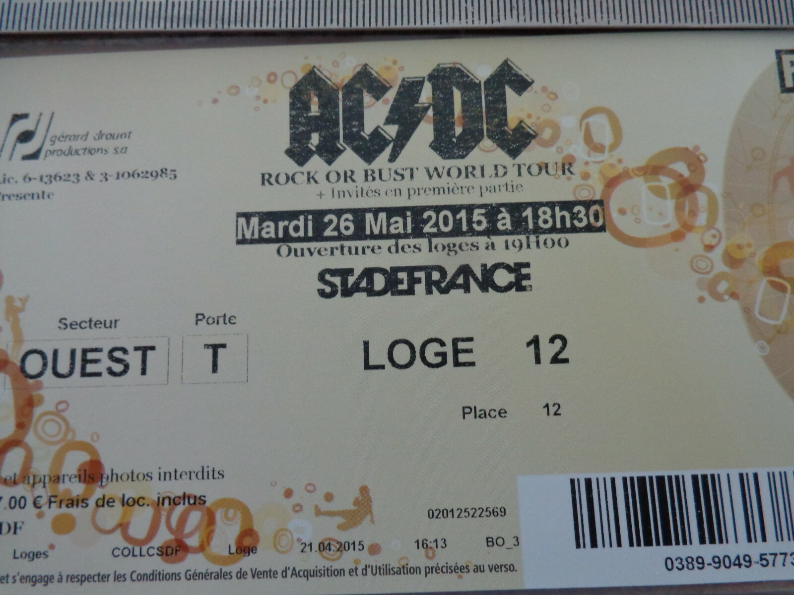 AC/DC - TICKET CONCERT - BILLET PACKAGING COLLECTOR - SDF 2015 FRANCE ...
