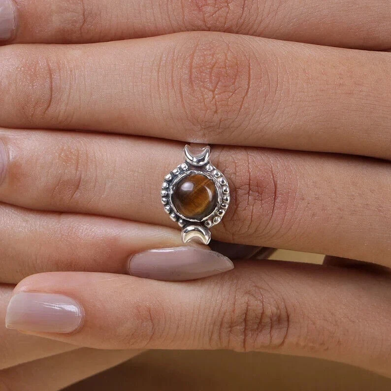 AAA+ Occhio di Tigre Anello 925 Argento Sterling Bohemien Hippie Regalo Natale - Immagine 2 di 4
