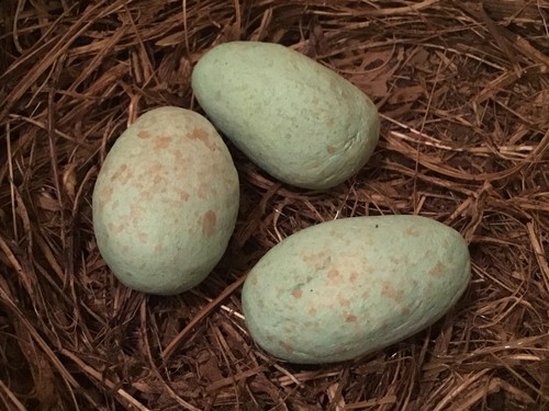 small handcrafted birds nest with 3 green speckled eggs!